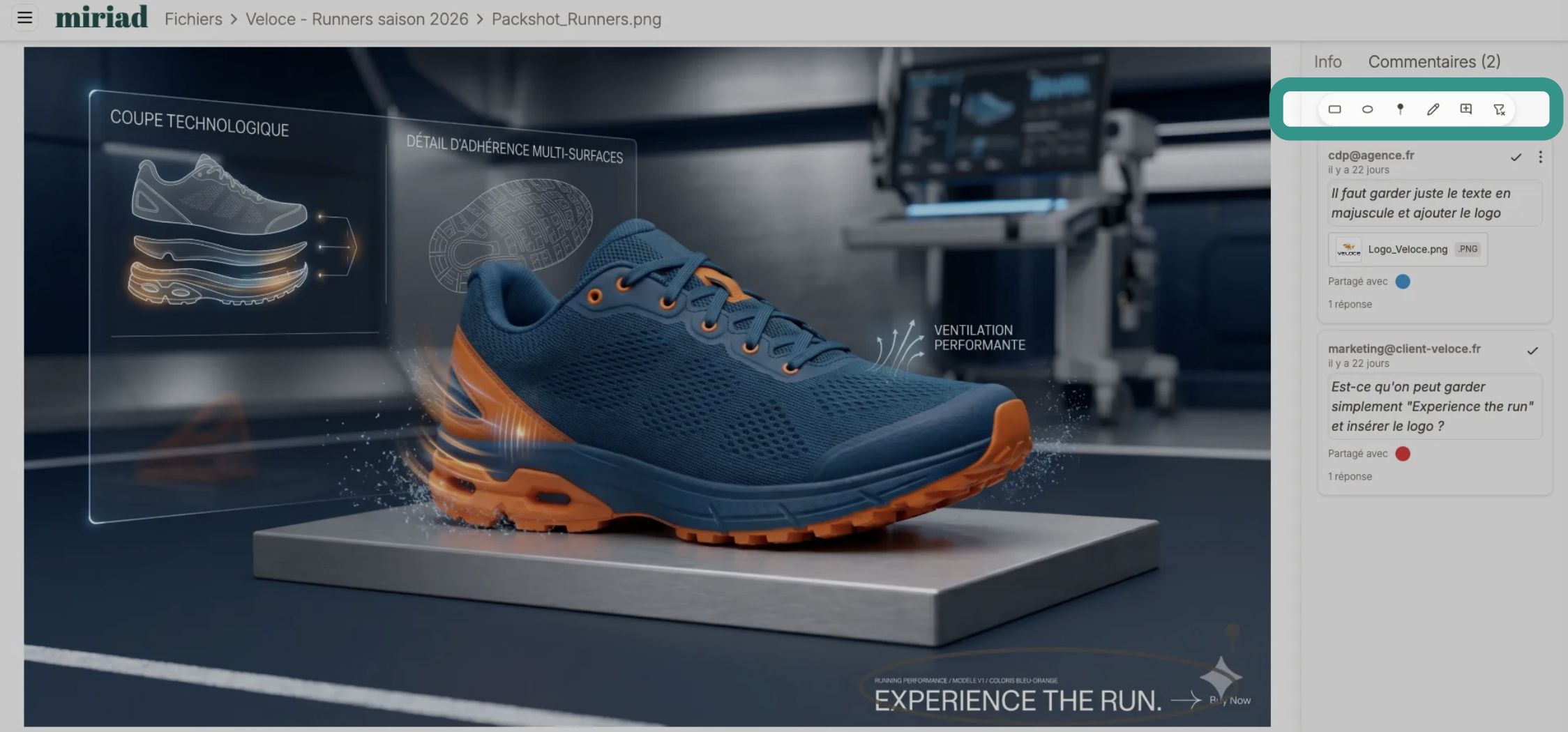 Annotation toolbar on a product visual in Miriad