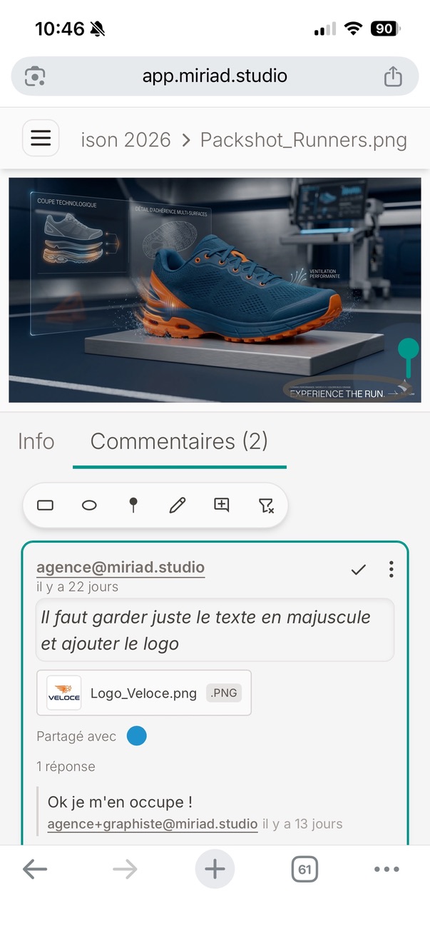 Miriad on mobile: viewing a product visual and comment thread